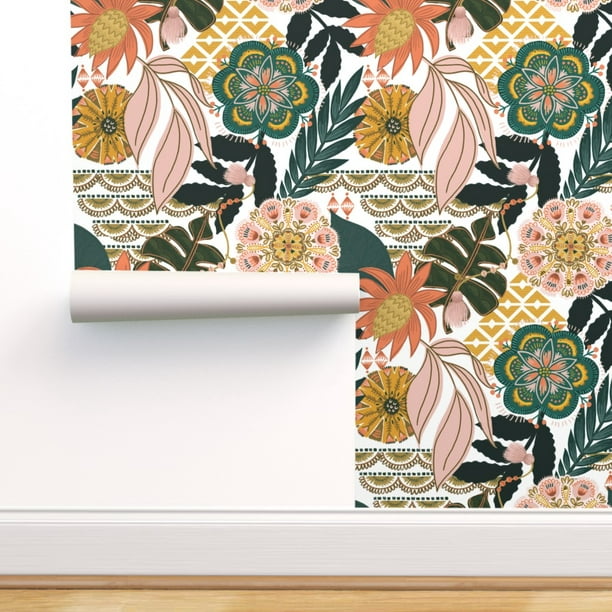 Removable Water-Activated Wallpaper Flowers Retro Flower Floral Bold Tropical